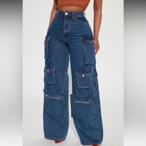 Fashion Nova Dark Indigo High-Rise Wide Leg Cargo Jeans